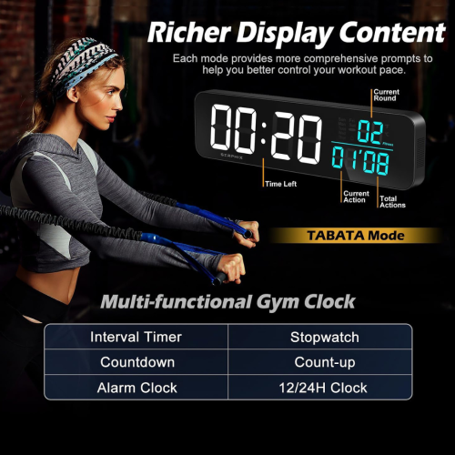 15.2" Gym Timer, App & Remote Control, Customizable LED Colors, Temperature, Date, Workout Interval Timer Stopwatch Countdown Large Digital Wall