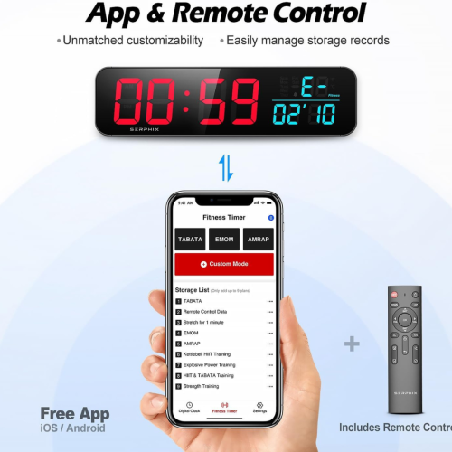 15.2" Gym Timer, App & Remote Control, Customizable LED Colors, Temperature, Date, Workout Interval Timer Stopwatch Countdown Large Digital Wall