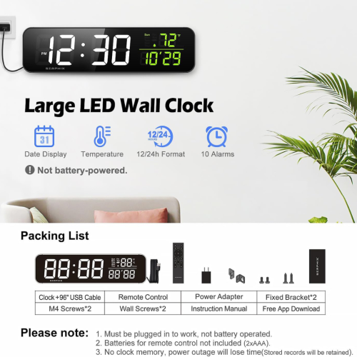 15.2" Gym Timer, App & Remote Control, Customizable LED Colors, Temperature, Date, Workout Interval Timer Stopwatch Countdown Large Digital Wall