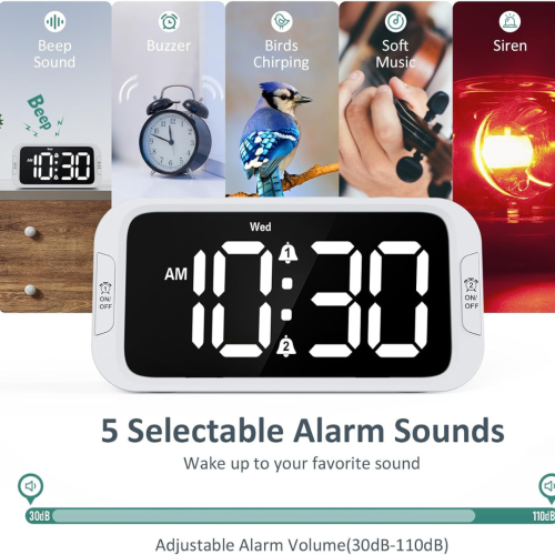 Odokee Digital Dual Alarm Clock for Bedroom, Easy to Set, 0-100% Dimmer, USB Charger, 5 Sounds Adjustable Volume, Weekday/Weekend Mode, Snooze,