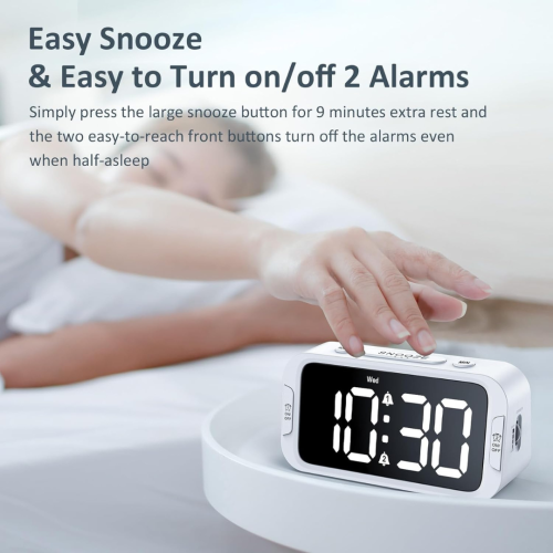 Odokee Digital Dual Alarm Clock for Bedroom, Easy to Set, 0-100% Dimmer, USB Charger, 5 Sounds Adjustable Volume, Weekday/Weekend Mode, Snooze,