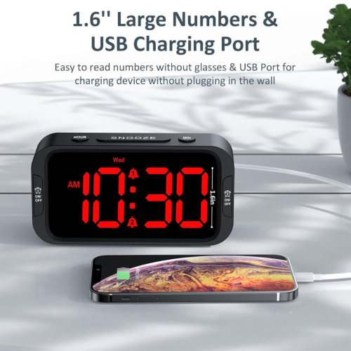 Odokee Digital Dual Alarm Clock for Bedroom, Easy to Set, 0-100% Dimmer, USB Charger, 5 Sounds Adjustable Volume, Weekday/Weekend Mode, Snooze,