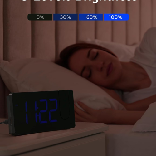 Projection Alarm Clock, Digital Clock with Modern Curved Design 180° Rotatable Projector, 3-Level Brightness Dimmer, Clear Blue LED Display,