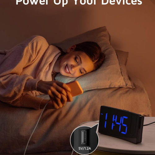 Projection Alarm Clock, Digital Clock with Modern Curved Design 180° Rotatable Projector, 3-Level Brightness Dimmer, Clear Blue LED Display,