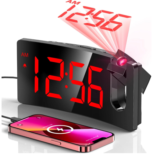 Projection Alarm Clock, Digital Clock with Modern Curved Design 180