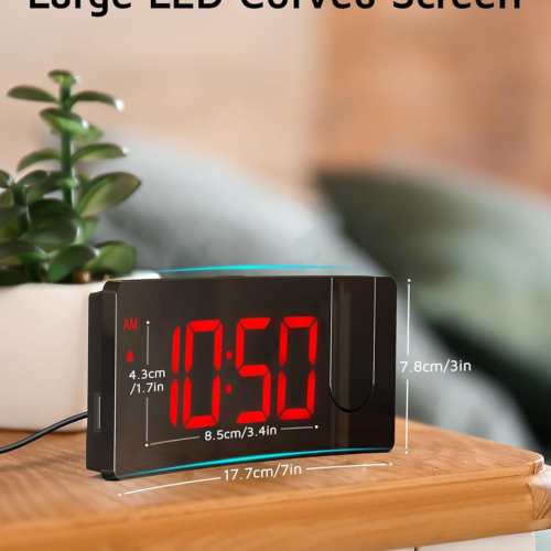 Projection Alarm Clock, Digital Clock with Modern Curved Design 180° Rotatable Projector, 3-Level Brightness Dimmer, Clear Blue LED Display,