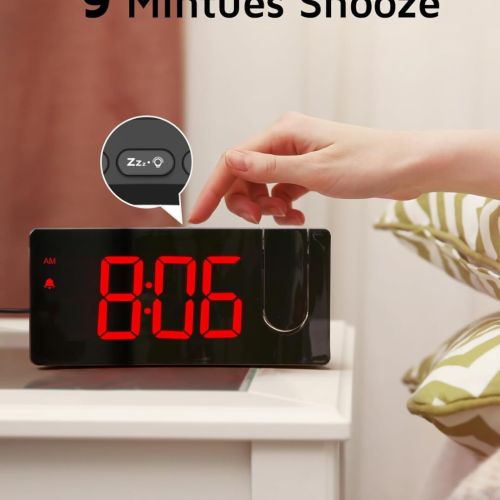 Projection Alarm Clock, Digital Clock with Modern Curved Design 180° Rotatable Projector, 3-Level Brightness Dimmer, Clear Blue LED Display,