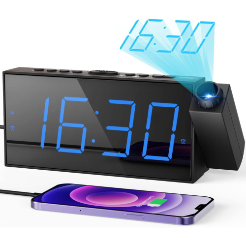Projection Digital Alarm Clock on Ceiling Wall, LED Alarm Clock for Bedrooms with USB Charger Port, 350° Projector,Dimmer,12/24H & DST,Battery