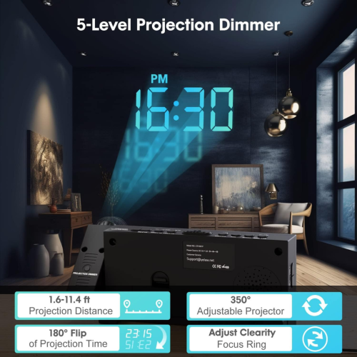 Projection Digital Alarm Clock on Ceiling Wall, LED Alarm Clock for Bedrooms with USB Charger Port, 350° Projector,Dimmer,12/24H & DST,Battery