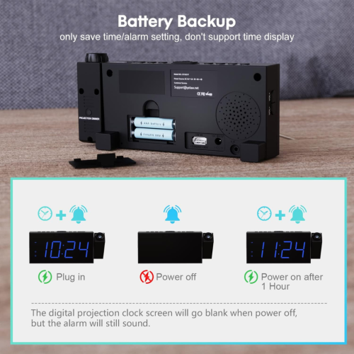 Projection Digital Alarm Clock on Ceiling Wall, LED Alarm Clock for Bedrooms with USB Charger Port, 350° Projector,Dimmer,12/24H & DST,Battery