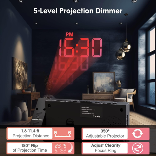 Projection Digital Alarm Clock on Ceiling Wall, LED Alarm Clock for Bedrooms with USB Charger Port, 350° Projector,Dimmer,12/24H & DST,Battery