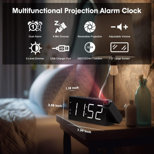 Projection Digital Alarm Clock on Ceiling Wall, LED Alarm Clock for Bedrooms with USB Charger Port, 350° Projector,Dimmer,12/24H & DST,Battery