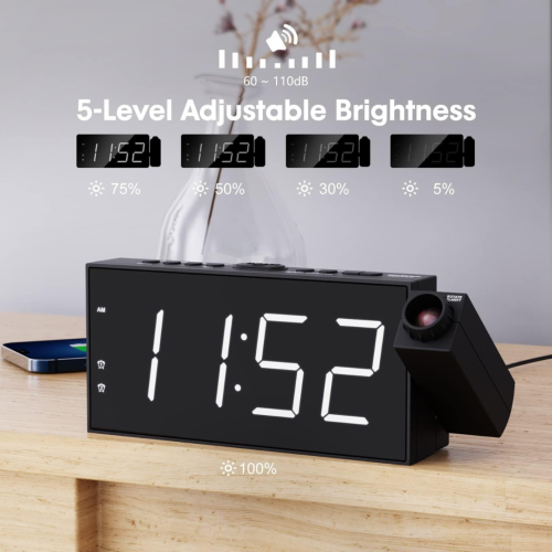 Projection Digital Alarm Clock on Ceiling Wall, LED Alarm Clock for Bedrooms with USB Charger Port, 350° Projector,Dimmer,12/24H & DST,Battery
