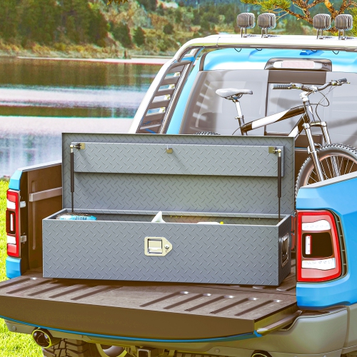 HOMCOM Heavy Duty Aluminum Truck Bed Tool Box with Side Handles, Lock and Keys, Diamond Plate Trailer Tongue Box, Chest Box Storage Organizer for