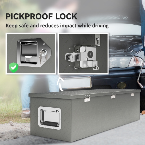 HOMCOM Heavy Duty Aluminum Truck Bed Tool Box with Side Handles, Lock and Keys, Diamond Plate Trailer Tongue Box, Chest Box Storage Organizer for