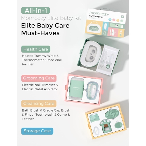 Momcozy Elite Baby Kit, Superior Gift Set, Include Electric Nail File&Nasal Aspirator, Heated Tummy Wrap,Thermometer,Bath Brush,Teether,Medicine
