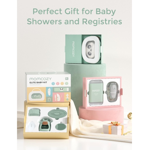 Momcozy Elite Baby Kit, Superior Gift Set, Include Electric Nail File&Nasal Aspirator, Heated Tummy Wrap,Thermometer,Bath Brush,Teether,Medicine