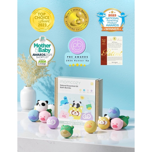 Momcozy Organic Bath Bombs Gift Set, 14 Pcs Bubble Bath Fizzy Balls with 7 Cute Animal Shapes, Natural Essential Oil Bath Bombs for Kids Girls Boys