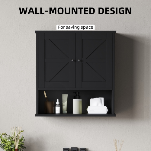 kleankin Farmhouse Bathroom Wall Cabinet, Wall-Mounted Medicine Cabinet with Open Shelf, Adjustable Shelf, and Storage Cabinet for Laundry Room, Black