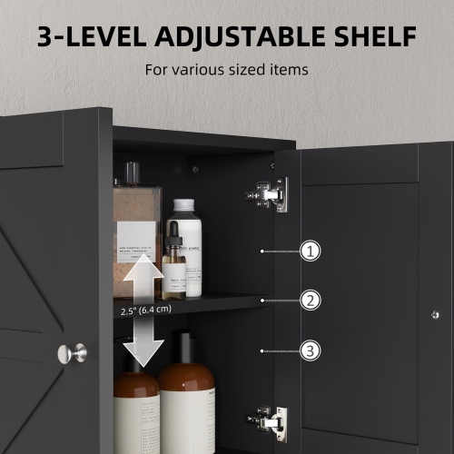 kleankin Farmhouse Bathroom Wall Cabinet, Wall-Mounted Medicine Cabinet with Open Shelf, Adjustable Shelf, and Storage Cabinet for Laundry Room, Black