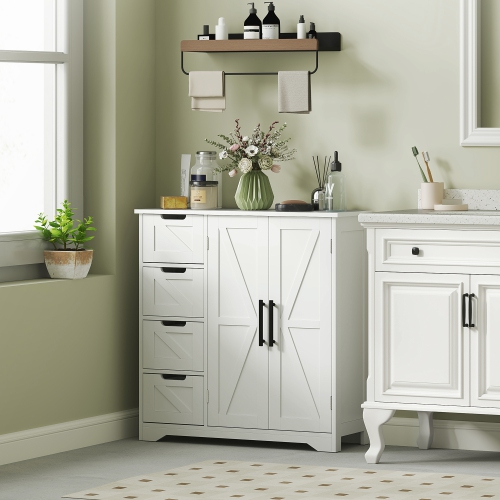 HOMCOM Bathroom Floor Cabinet, Farmhouse Bathroom Storage Cabinet with Barn Doors and Adjustable Shelf, White