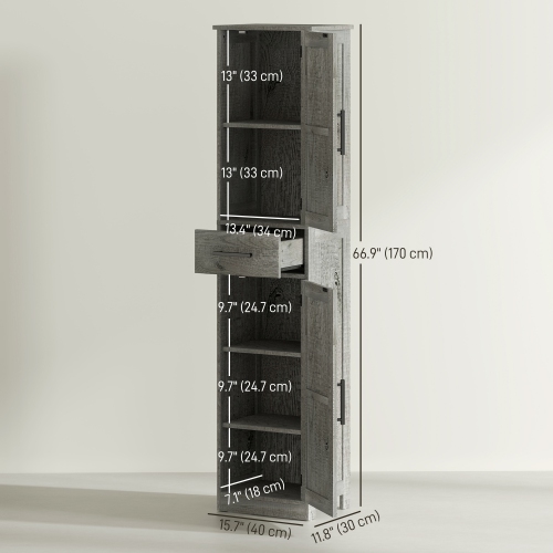 Armoire de rangement de 67&nbsp;po pour salle de bain de HOMCOM avec tiroir, armoire de salle de bain étroite avec portes de grange et tablettes