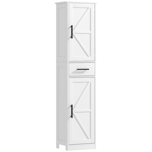 HOMCOM  Narrow Bathroom Storage Cabinet w 2 Barn Doors & 1 Drawer, Tall Bathroom Cabinet, Freestanding Linen Tower for Small Space, 15.7" X 11.8" X