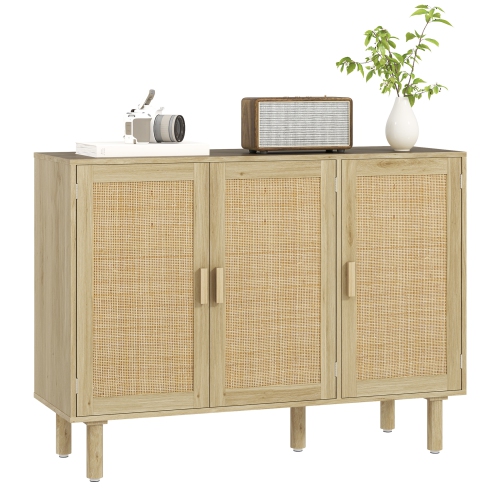 HOMCOM  Boho Sideboard, 46.9" Buffet Cabinet \w 3 Decorative Rattan Doors And Solid Wood Legs, Coffee Bar Cabinet \w Shelves for Living Room
