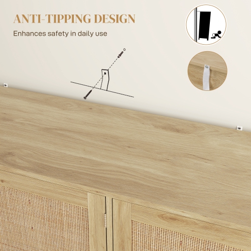 HOMCOM Boho Sideboard, 46.9" Buffet Cabinet with 3 Decorative Rattan Doors and Solid Wood Legs, Coffee Bar Cabinet with Shelves for Living Room,