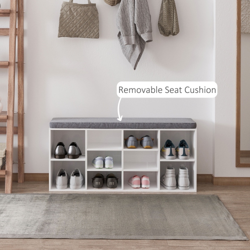 Banc à chaussures de HOMCOM avec rangement, banc d'entrée rembourré avec tablettes réglables, coussin pour salon, corridor, blanc