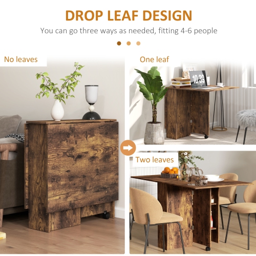 HOMCOM – Table pliante à abattant pour petits espaces avec 2 tablettes, petite table de cuisine avec roulettes, brun rustique