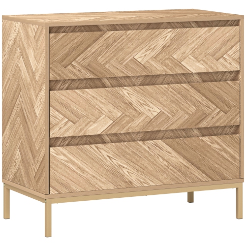HOMCOM 3 Drawer Dresser for Bedroom, Chevron Chest of Drawers with Steel Legs, Wide Storage Cabinet for Living Room, Hallway, Nature Wood