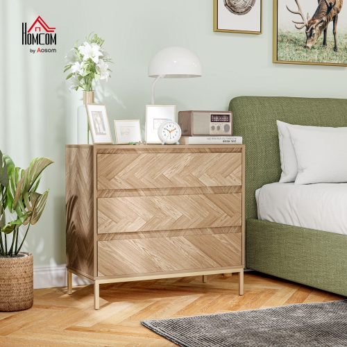 HOMCOM 3 Drawer Dresser for Bedroom, Chevron Chest of Drawers with Steel Legs, Wide Storage Cabinet for Living Room, Hallway, Nature Wood