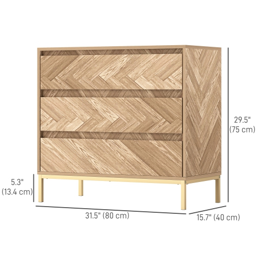 HOMCOM 3 Drawer Dresser for Bedroom, Chevron Chest of Drawers with Steel Legs, Wide Storage Cabinet for Living Room, Hallway, Nature Wood