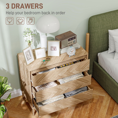 HOMCOM 3 Drawer Dresser for Bedroom, Chevron Chest of Drawers with Steel Legs, Wide Storage Cabinet for Living Room, Hallway, Nature Wood