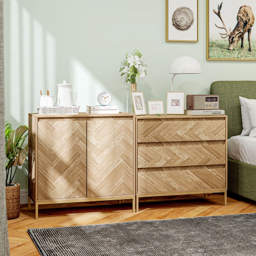 HOMCOM 3 Drawer Dresser for Bedroom, Chevron Chest of Drawers with Steel Legs, Wide Storage Cabinet for Living Room, Hallway, Nature Wood