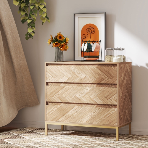 HOMCOM 3 Drawer Dresser for Bedroom, Chevron Chest of Drawers with Steel Legs, Wide Storage Cabinet for Living Room, Hallway, Nature Wood