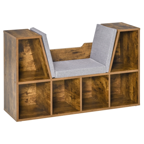 Image 1 de 9.. HOMCOM – Bibliothèque à 6 casiers avec coussin de siège, étagère de rangement cubique avec espace de lecture pour bureau à domicile, bureau, brun