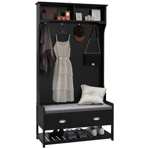 HOMCOM Coat Rack Shoe Bench, Hall Tree with Bench and Shoe Storage, Entryway Bench with 4 Hooks, 2 Drawers, 2 Storage Shelves, Shoe Rack and Padded S