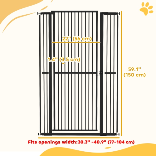 PawHut 59"H Extra Tall Cat Gate, 30"-41"W Steel Pet Gate for Doorway, Hallway, Pressure Mounted Kit No Drilling Dog Gate with 1.4" Extra Narrow Gap,