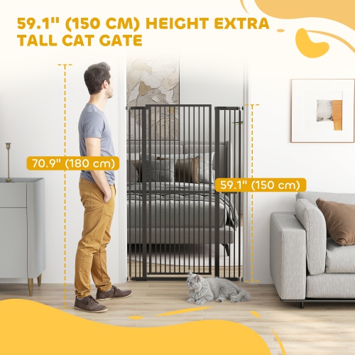 PawHut 59"H Extra Tall Cat Gate, 30"-41"W Steel Pet Gate for Doorway, Hallway, Pressure Mounted Kit No Drilling Dog Gate with 1.4" Extra Narrow Gap,