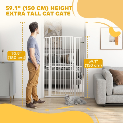 PawHut 59"H Extra Tall Cat Gate, 30"-41"W Steel Pet Gate for Doorway, Hallway, Pressure Mounted Kit No Drilling Dog Gate with 1.4" Extra Narrow Gap,