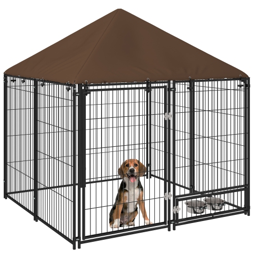 PAWHUT  Large Dog Run, 4.6' X 4.6' X 5' Outdoor Dog Kennel With Canopy, Rotating Bowls, Door for Backyard & Garden, Coffee