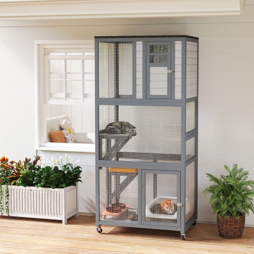 PAWHUT  74"h Wooden Catio Cat Enclosure, Indoor Outdoor Kitten House \w Weatherproof Asphalt Roof & Brake Wheels, Luxury Kitten Condo Cage For