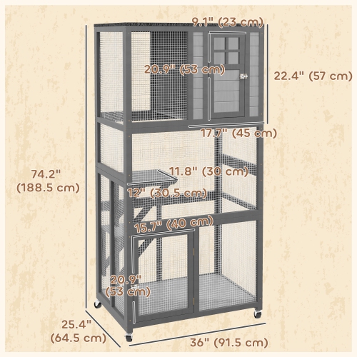 PawHut 74"H Wooden Catio Cat Enclosure, Indoor Outdoor Kitten House with Weatherproof Asphalt Roof & Brake Wheels, Luxury Kitten Condo Cage for