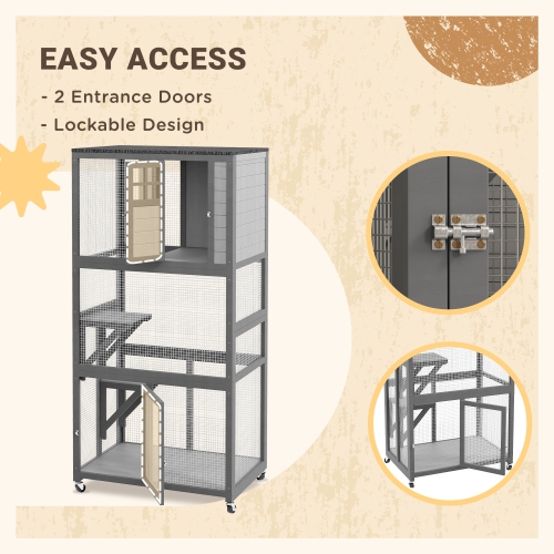 PawHut 74"H Wooden Catio Cat Enclosure, Indoor Outdoor Kitten House with Weatherproof Asphalt Roof & Brake Wheels, Luxury Kitten Condo Cage for