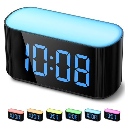 PRIME MADE  Rainbow Alarm Clock for Bedroom, Large Display \w Dimmer, Large Night Light \w 7 Colors, Dual Alarm, True Battery Backup, Colorful Clock