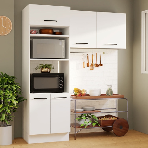 Madesa Hazel 2-Piece Kitchen Storage Set with 3 Doors 3 Open Shelves Pantry Cabinet and 2 Door Wall Cupboard 74 Inch Wooden Modern Organization Units