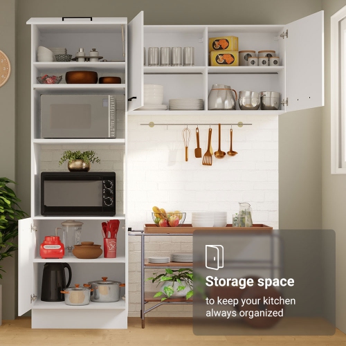 Madesa Hazel 2-Piece Kitchen Storage Set with 3 Doors 3 Open Shelves Pantry Cabinet and 2 Door Wall Cupboard 74 Inch Wooden Modern Organization Units