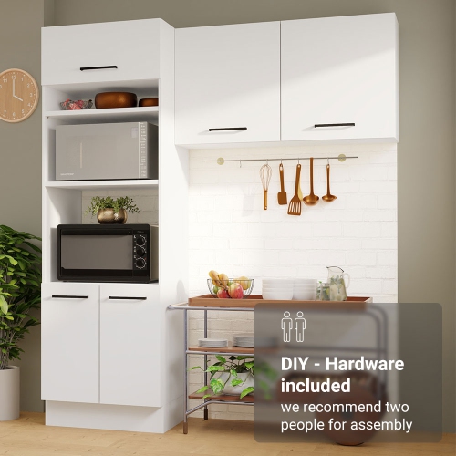 Madesa Hazel 2-Piece Kitchen Storage Set with 3 Doors 3 Open Shelves Pantry Cabinet and 2 Door Wall Cupboard 74 Inch Wooden Modern Organization Units